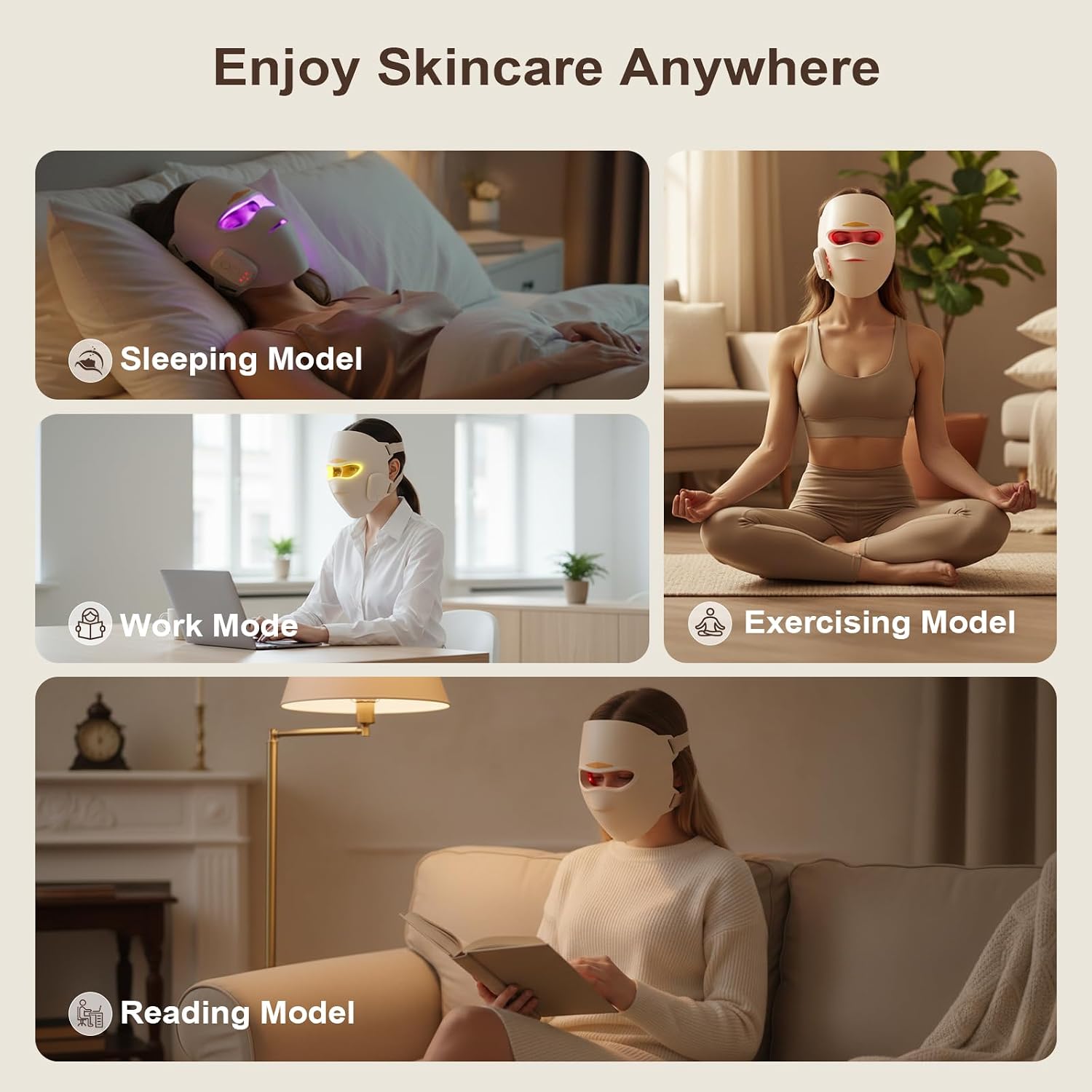 Red Light Therapy Mask for Face,4D Led Face Mask Light Therapy With 336 LEDs Full Face Coverage,850nm Infrared & 3 Light Modes for Home Use & Travel M19-3,Lvory Beige