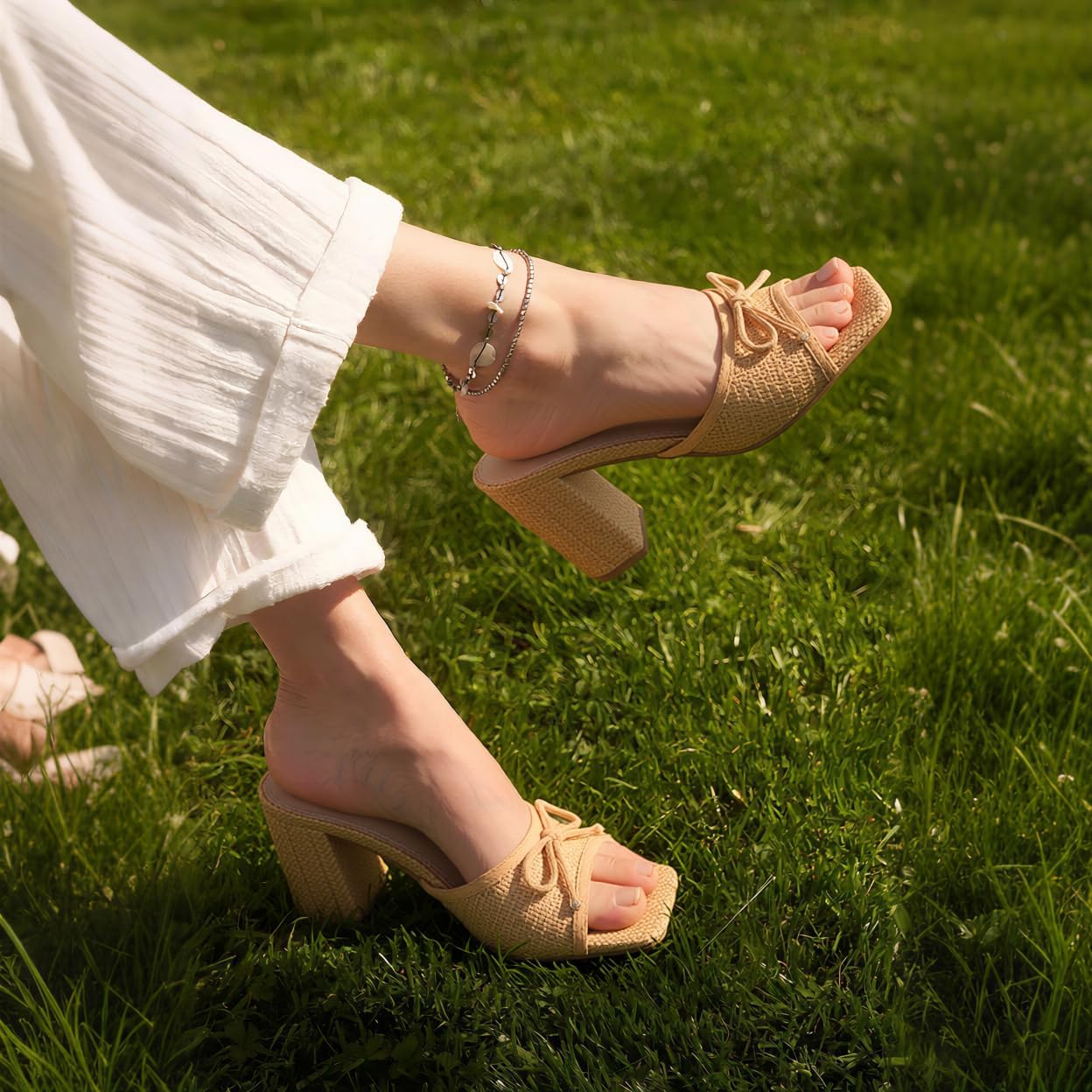 Erocalli Chunky Heels for Women Block Mules Sandals Square Open Toe - Bow, Summer, Raffia, Slip On, Slides Wedding Shoes - Image 5