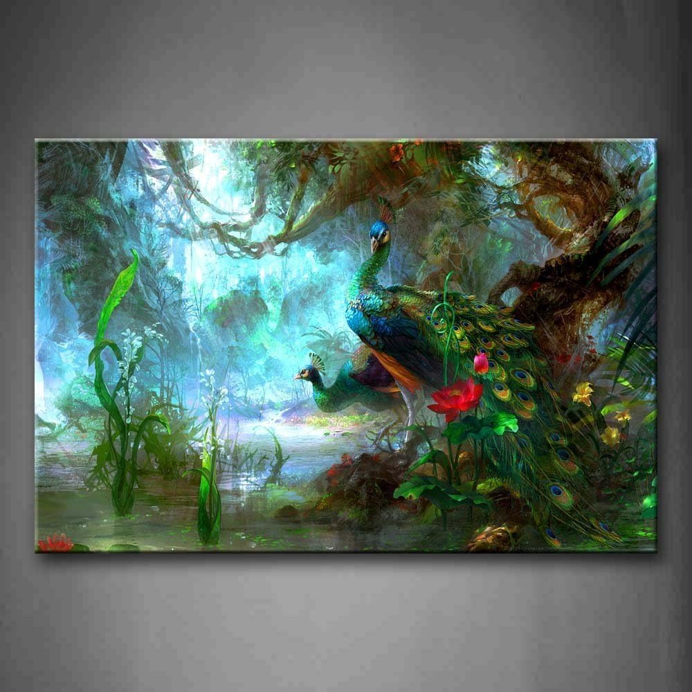 Damenight 100% Hand Painted Oil Painting on Canvas Green Two Peacocks Walk In Forest Beautiful Wall Art Painting The Picture Print On Canvas Animal Pictures framed for Home Decor,30x40inch