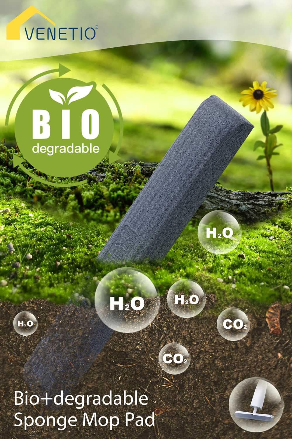 VENETIO Sponge Mop for Floor Cleaning with 3 Biodegradable PU Mop Head, Solution Within Pad, Easy Clean Heavy Dust and Pet Hair, Wet Dry Squeeze Roller Mop, Safe on All Floor, Refill Sells Separately