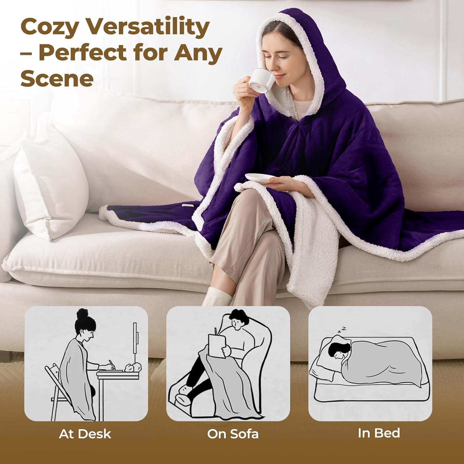 Wearable Heated Throw Blanket, Heated Shawl Electric Wrap Poncho with Hood & Pockets for Women & Men, 5 Heat Settings, 3H Auto-Off, Machine Washable, ETL Certified, Gift-Ready, 56x63, Purple - Image 5