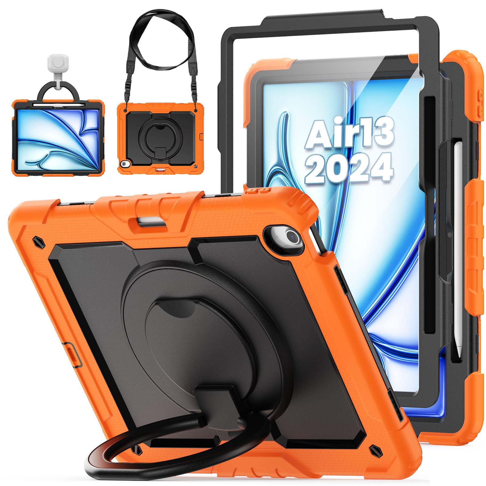 Case for iPad Air 13 Inch 2024/2025/2026 (M2/M3/M4): ZSLVPN Heavy Duty Shockproof Cover for iPad Air 13 with Screen Protector - Pencil Holder - 360 Rotating Handle/Stand - Shoulder Strap, Orange