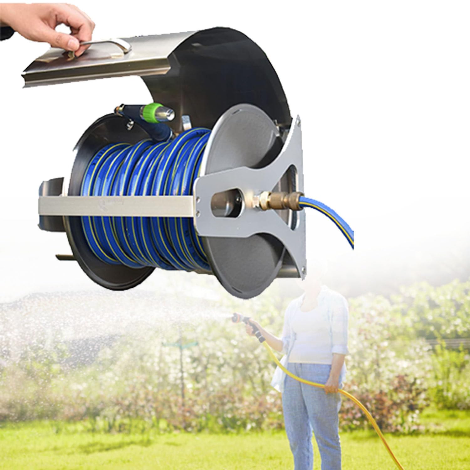 Carrete de manguera de acero inoxidable, estante de almacenamiento de manguera de agua montado en la pared, soporte duradero para manguera de jardín con tubo de 2 m para lavado de coches y necesidades