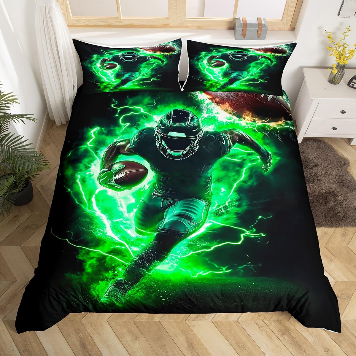 feelingyou Sports Football Bedding Set,Rugby Duvet Cover for Kids Teens,American Football Comforter Cover Decorative Room,Green Lightning Quilt Cover with 2 Pillowcases,Super King Size(No Comforter)