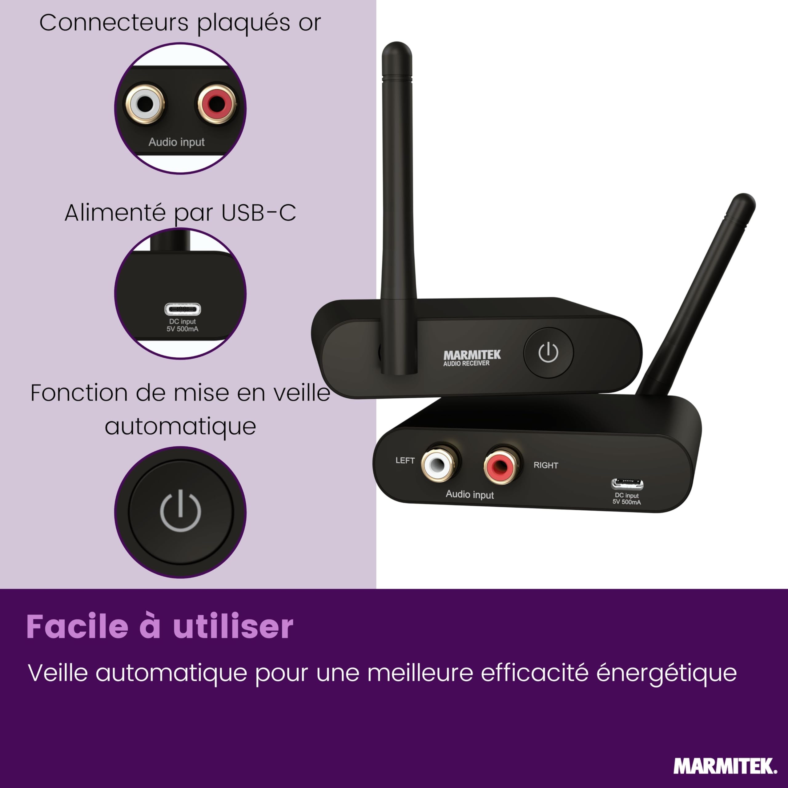 Marmitek Audio Anywhere 630 Émetteur récepteur Audio sans Fil Son TV vers chaîne Hi-Fi Qualité CD numérique Faible Latence Multiroom RCA Cinch Alimentation USB-C