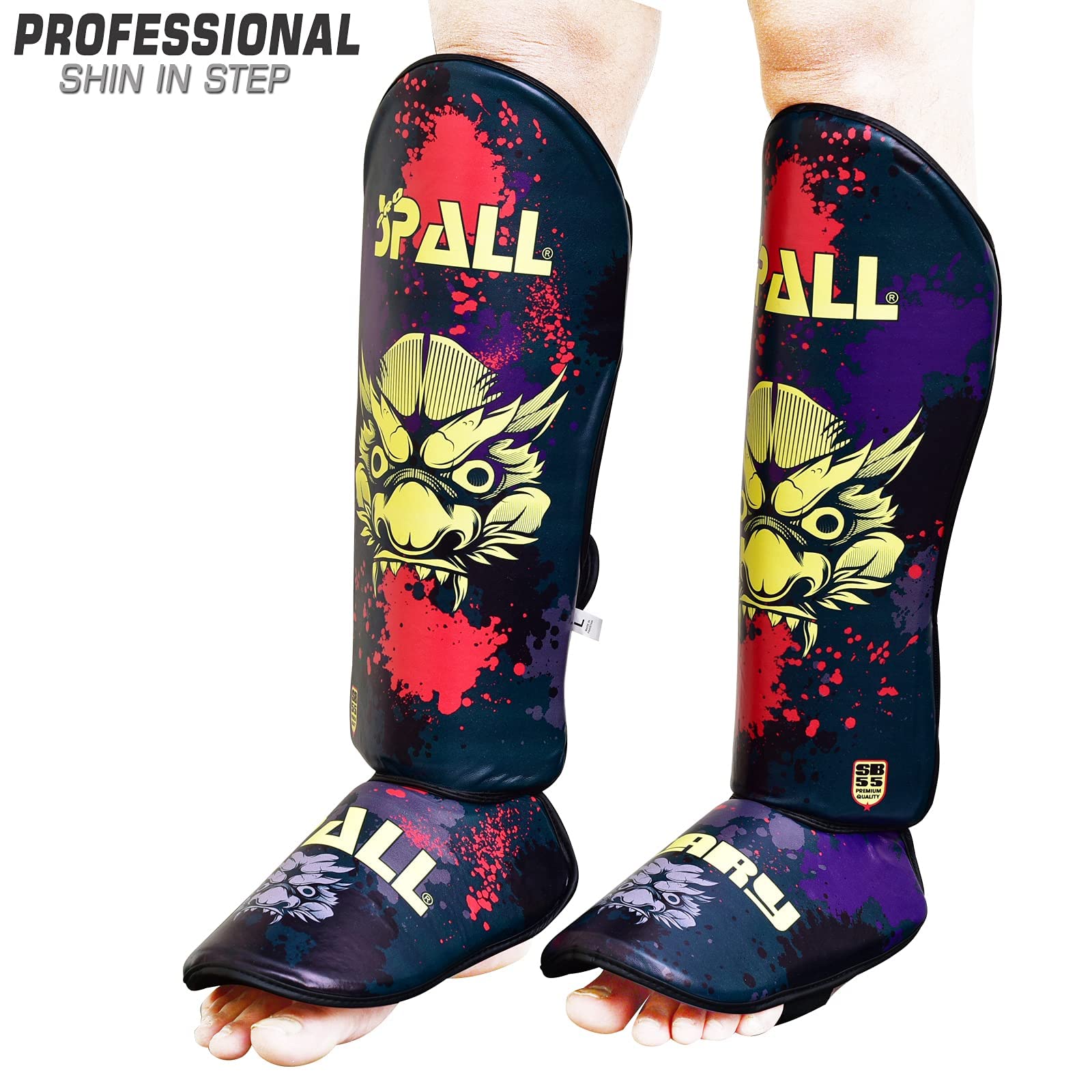 Spall Pro US Muay Thai Guards Shin Guards for Kickboxing Martial Arts BJJ Boxing Sparring with MMA Foot Protector (Large Scary, Green)