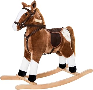Qaba Plush Rocking Horse Ride-On Toy for Toddlers 3+ Boys Girls - Realistic Neighing Sounds, Soft Saddle, 110 lbs Capacity, Brown