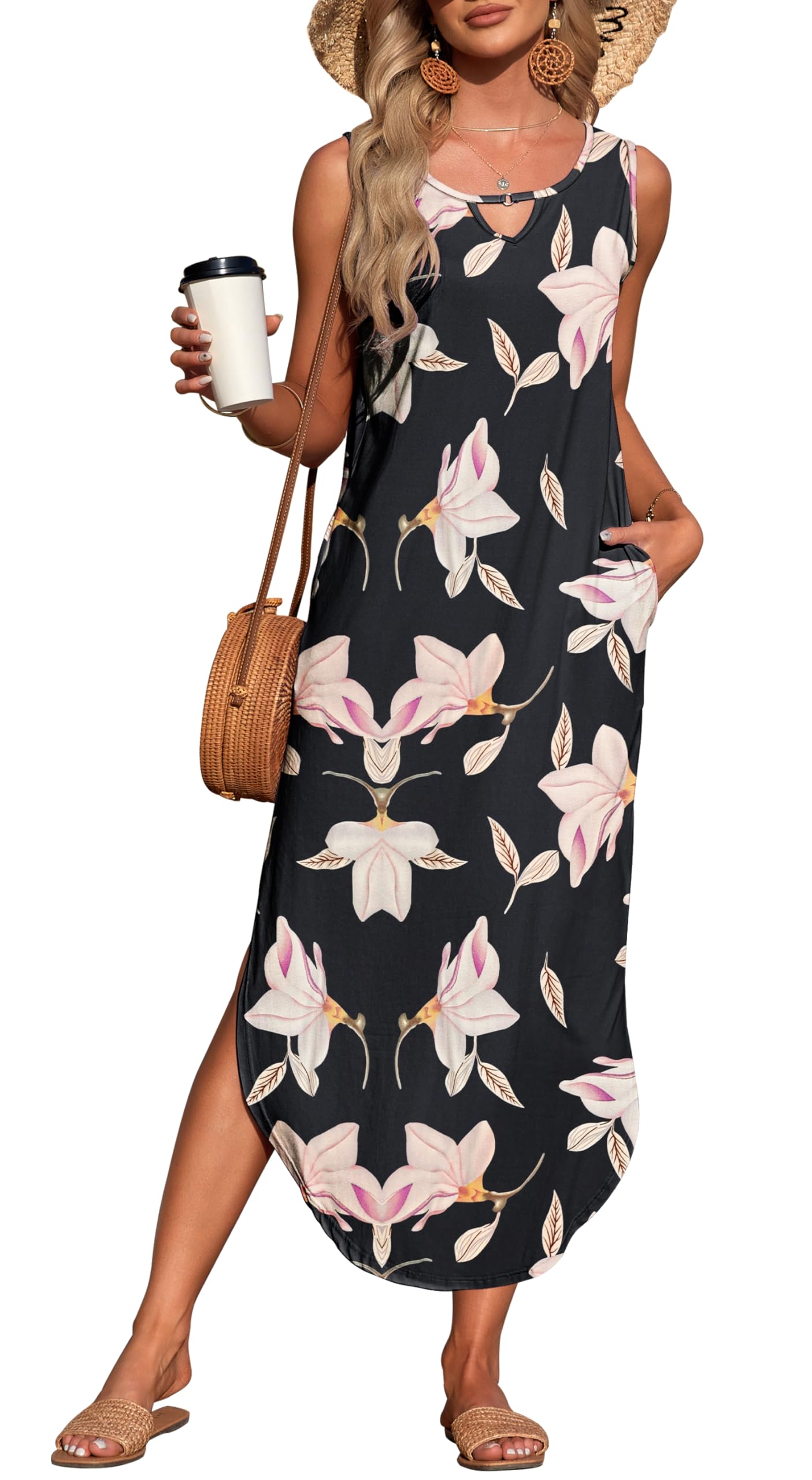AUSELILY Summer Dresses for Women UK Beach Coverups Sleeveless Split Dress with Pockets Morning Glory 2XL