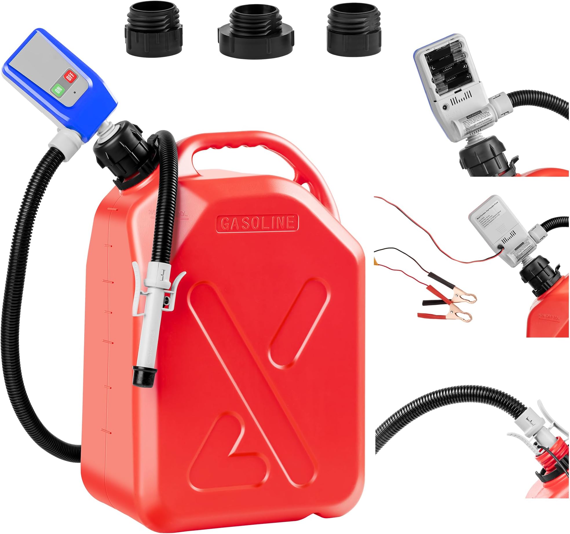Battery Powered Portable Fuel Transfer Pump - 3.2 GPM, Auto-Stop Nozzle, With Can Adapters For Gas, Diesel, Oil