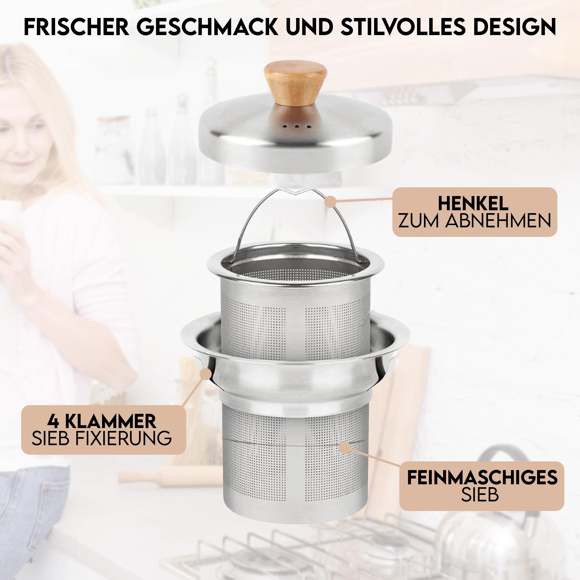 Teekanne aus Glas mit Edelstahl-Sieb Unterteller Dobin – 1,5 Liter – Borosilikatglas & Bambus Unterteller – Tropffrei, Hitzebeständig, Spülmaschinenfest (Teekanne)