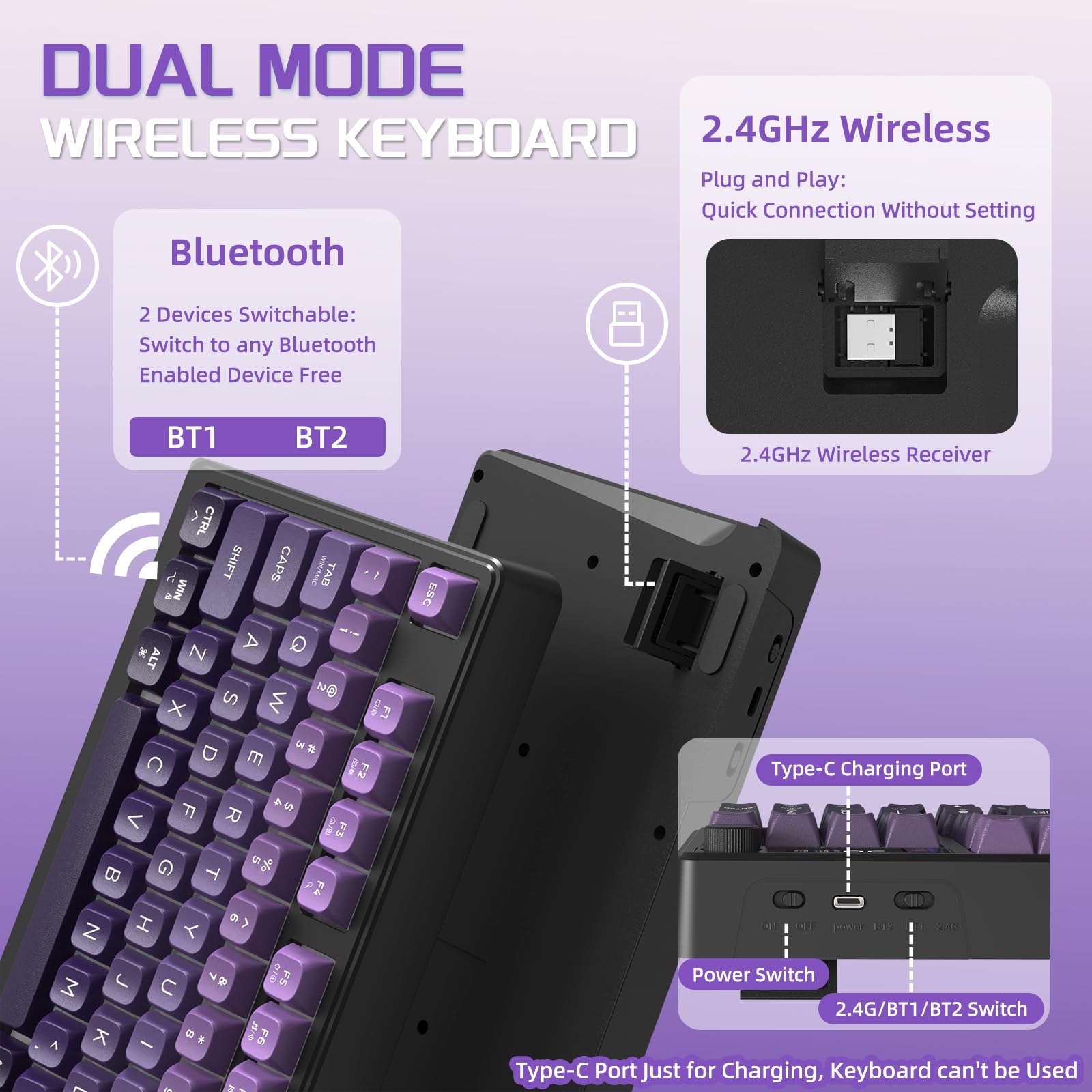 FREEWOLF M96 Tastiera Da Gioco Wireless, Controllo Tramite Manopola Bluetooth/Tastiera Meccanica Wireless 2.4G, Retroilluminazione a LED con Schermo, Copritasto PBT, 3000mAh, QWERTY - Sfumatura Viola