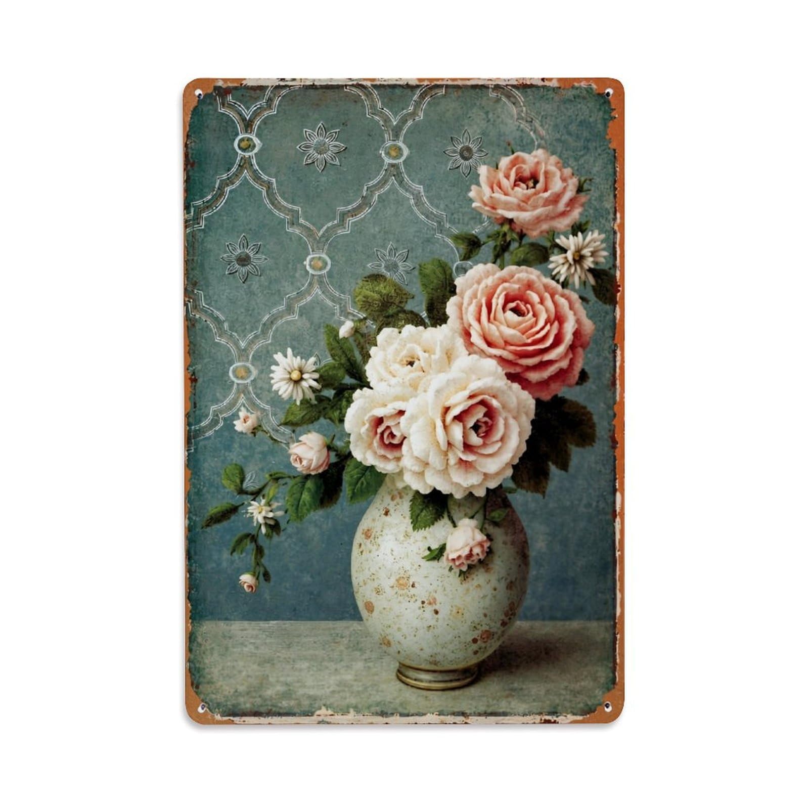 Vintage Floral Vase Pattern Print Retro Metal Tin Sign, Vintage Decor Art Poster for Bar, Home, Man Cave, Kitchen, Laundry Room Gift 8x12Inch