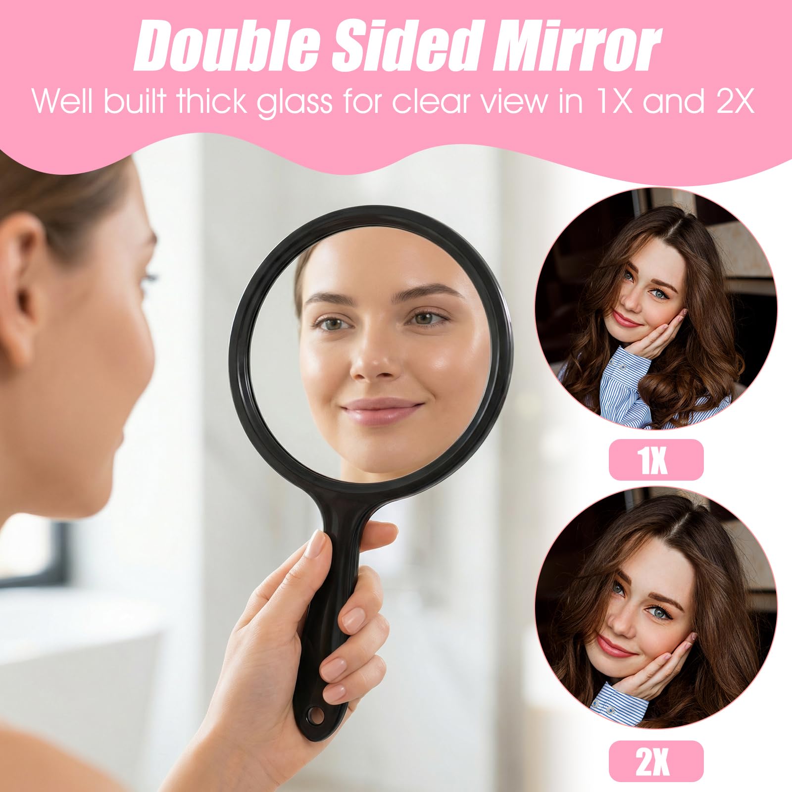 Xinjoduz Miroir à main double face 21 x 11,5 cm - Petit miroir cosmétique avec grossissement x/2x et poignée - Miroir de voyage portable pour un maquillage précis en déplacement (noir transparent)