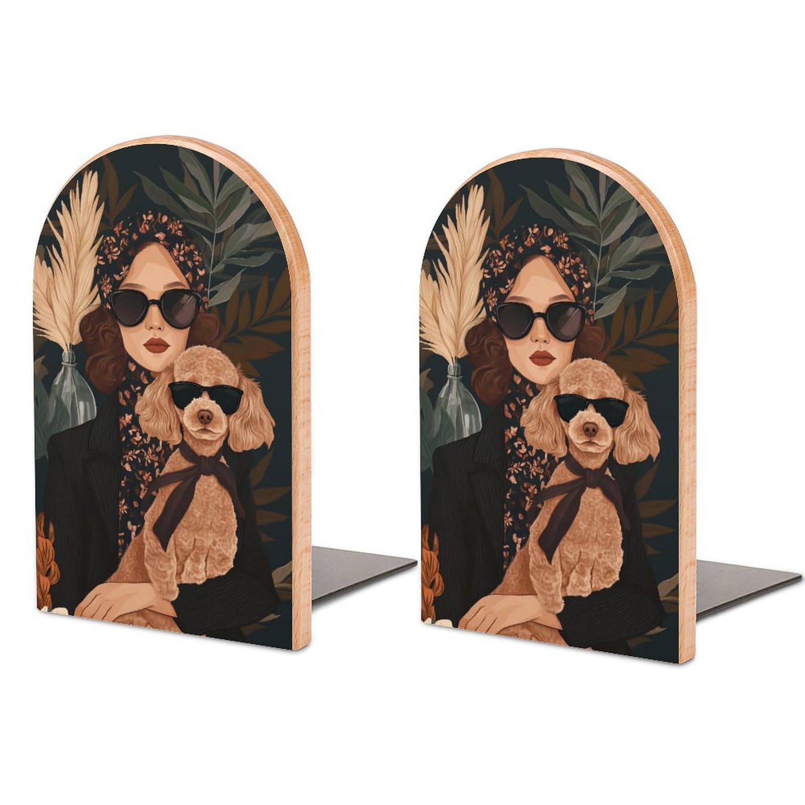 Woman And Dog Wearing Glasses Wooden Bookends Shelves 2 PCS Sturdy Book Holders Desktop Organizer for Home Office Libraries
