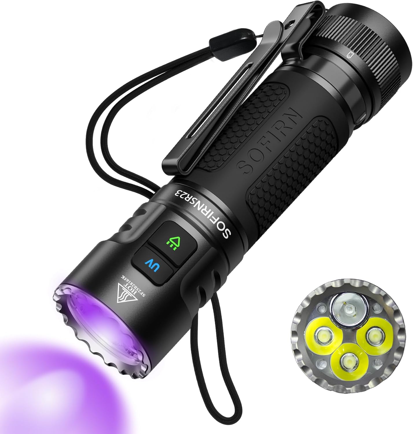 sofirn SR23 3300 Lumens EDC Flashlight USB C Rechargeable, Bright LED Flashlight with UV Light, High Lumens Portable Handheld Dual Sources Pocket Light for Outdoor, Checking, Working, Emergency