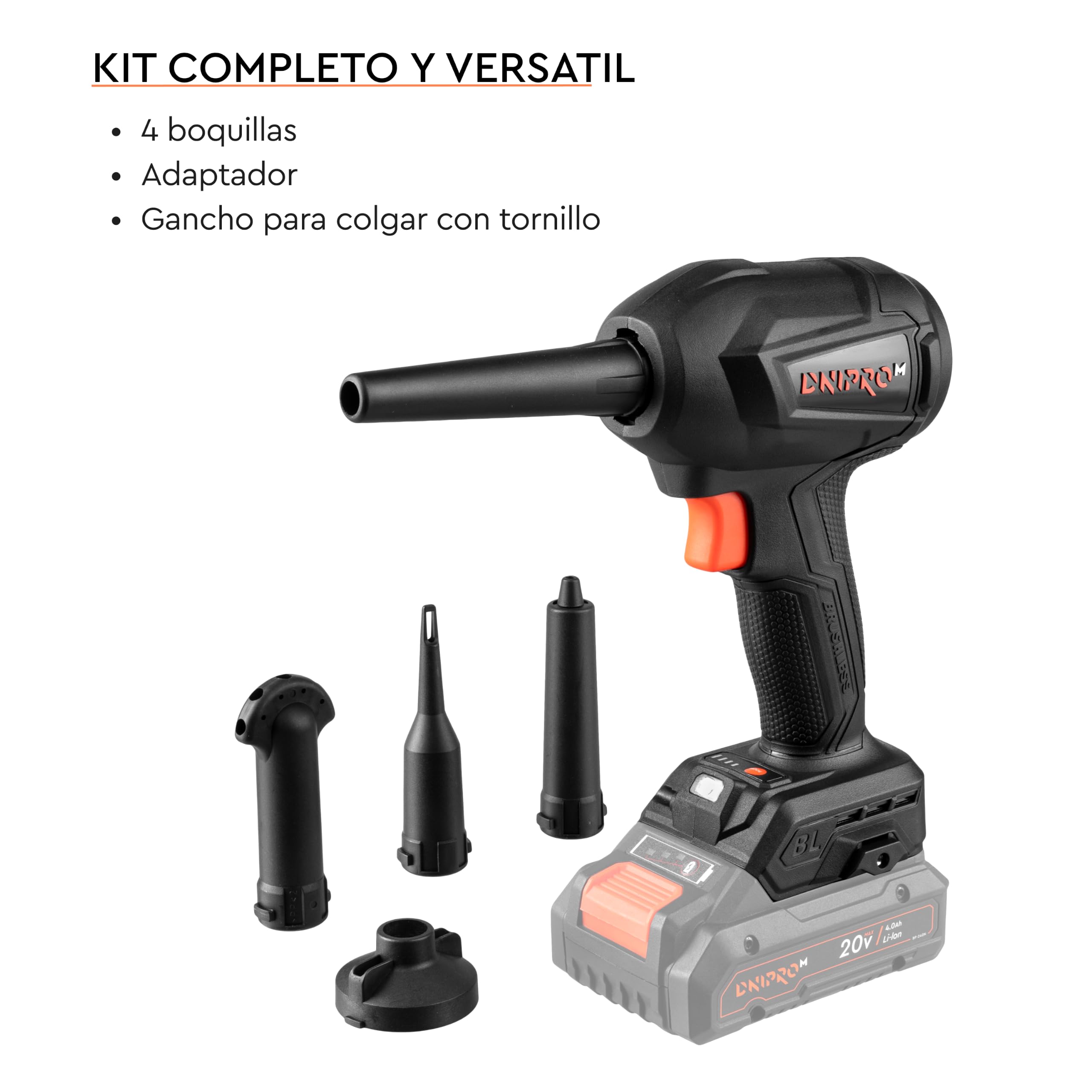 Soplador de Aire Potente Inalámbrico Brushless DCB-203BC Compact - Motor 280W, 30 m/s, 4 Velocidades - Limpieza PC, Taller, Barbacoa e Hinchables - 5 Accesorios Incluidos - Sin Batería - por Dnipro-M