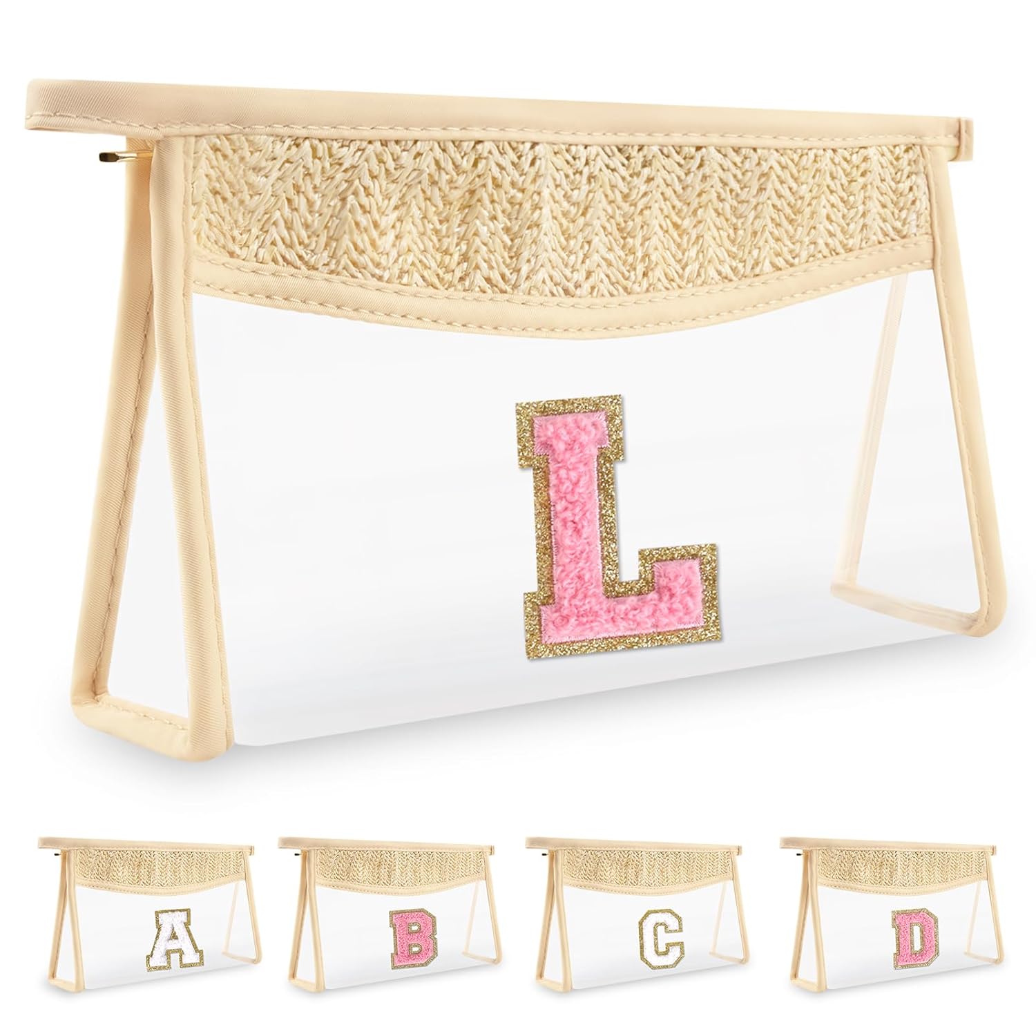 Small Boho Straw Initial Letter Makeup Bag — Personalized Gift Cute Clear Chenille Patch Makeup Bag With Zipper — Trendy TSA Approved Travel Toiletry Bag — Gift for Women Girls Birthday Friend (Letter L, Pink L)