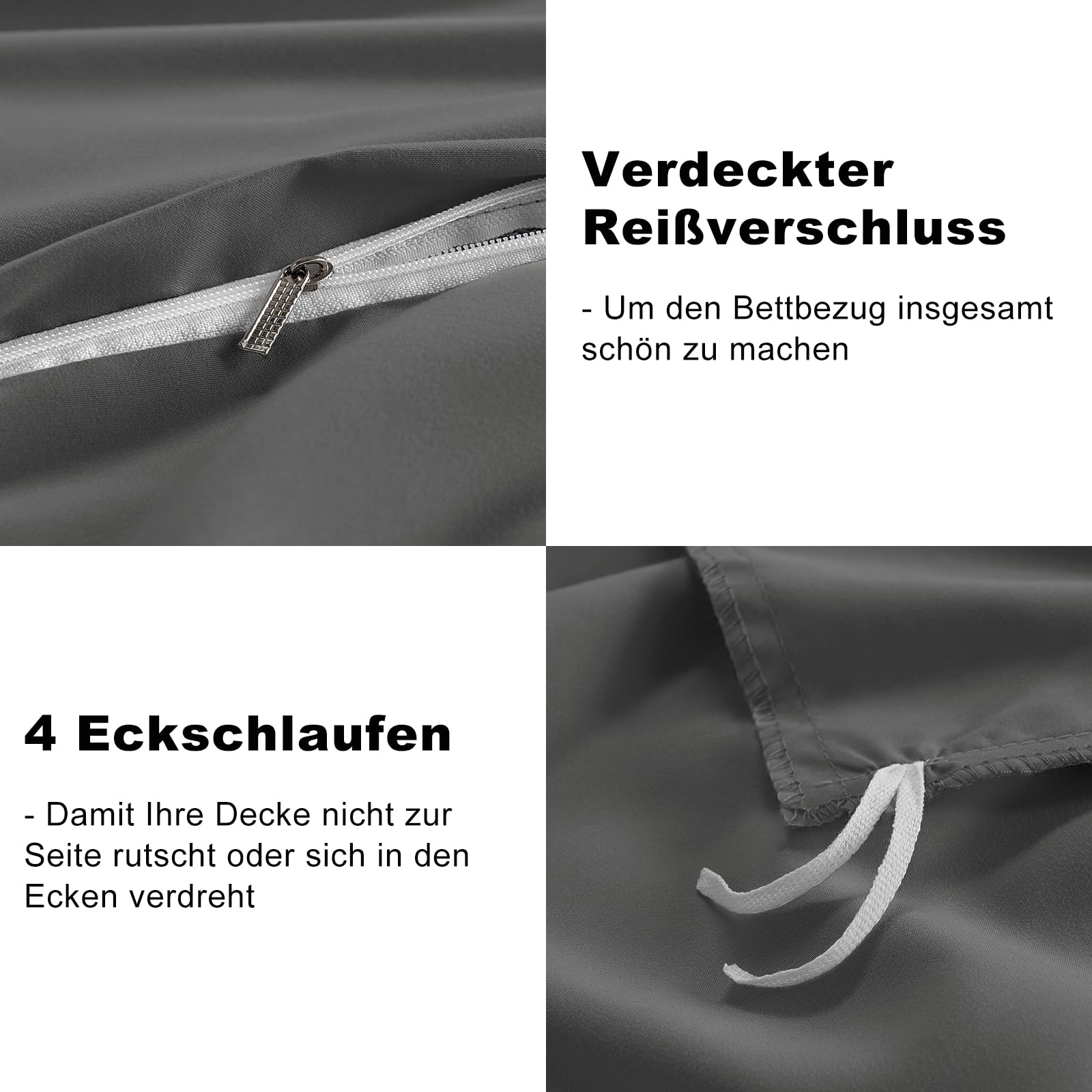 WAVVE Bettwäsche 135x200 4teilig Grau - Anthrazit Bettbezüge 135 x 200 2er Set mit 2 Kissenbezüge 80x80 cm, Bettwäsche-Sets 135x200cm aus Mikrofaser mit Reißverschluss Weich