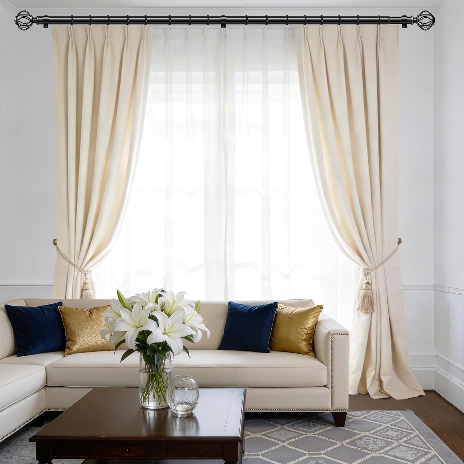 Black Curtain Rods for Windows 28-48Inch(2.3-4ft), Heavy Duty 1 Inch Adjustable Curtain Rod, Decorative Window Rods for Small Windows, Bedroom, Kitchen & Dining Room