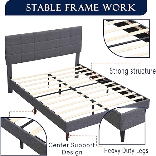 Miniatura 5 de Base de cama Queen con cabecera de tela, marco de cama tapizado, marco de cama resistente con soporte de listones de madera, base de colchón, no