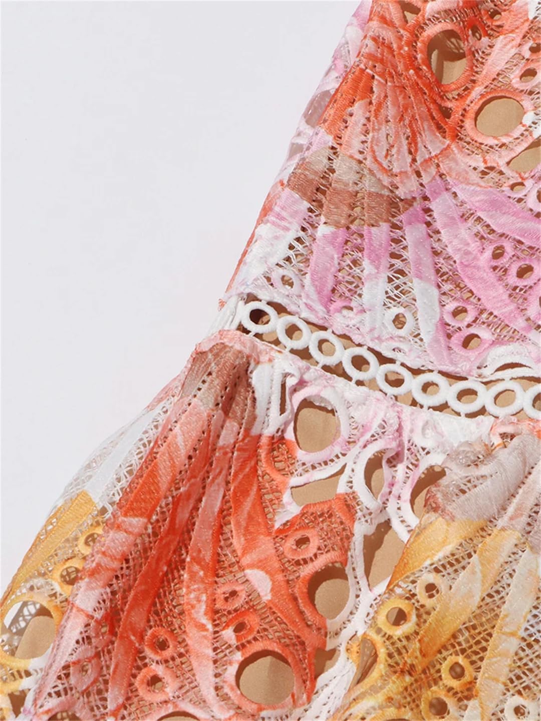 Women's Floral Short Sleeve Hollow Dress Stand Collar High Waist Zipper Mini Dress