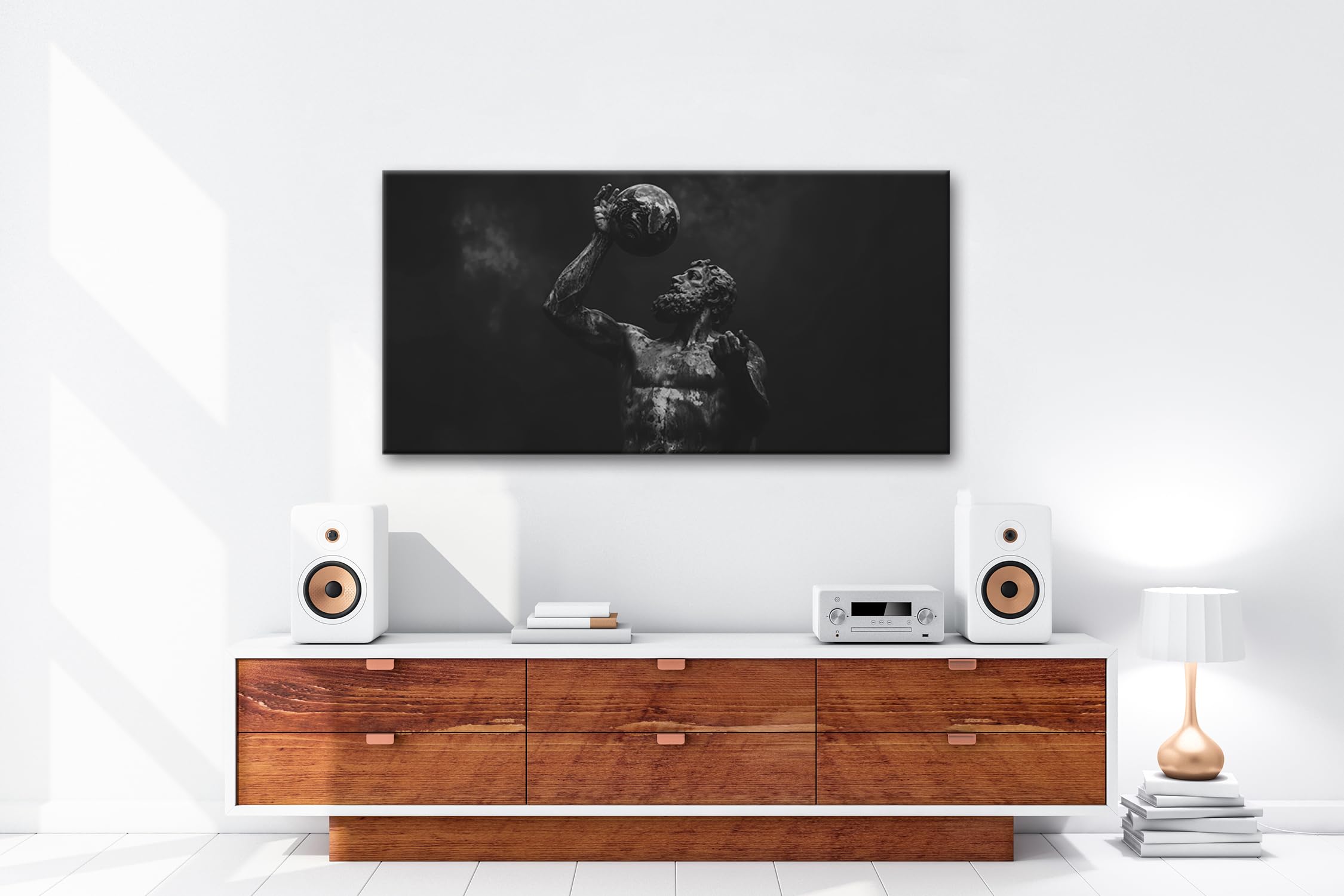 Impression sur toile Atlas élevant le monde - Force dans l'éternité bronzée - Panorama 120 x 60 cm - Effet : noir et blanc XXL - Impression d'art sur châssis - Décoration de salon