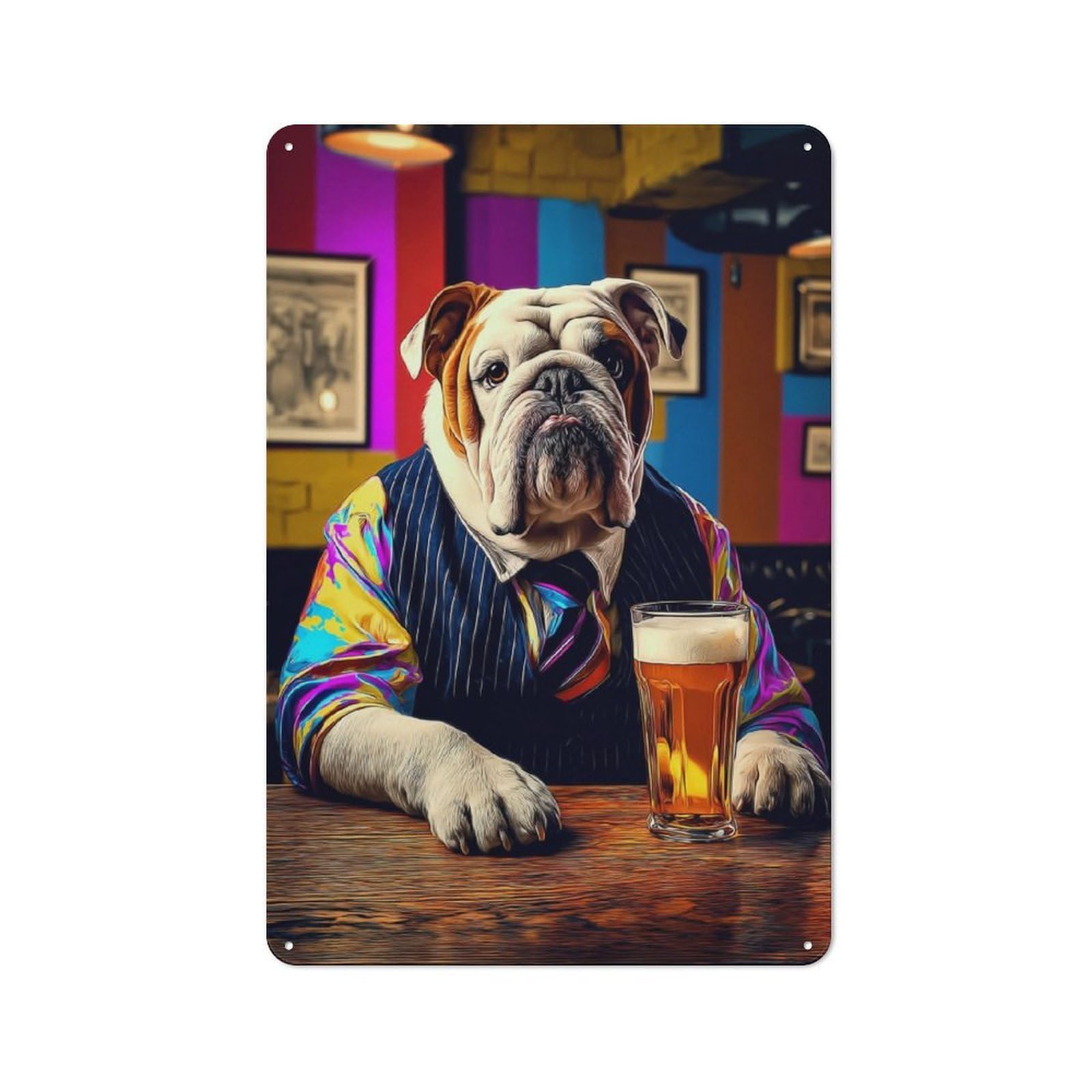 Junmoney Bulldog In Bar With Beer Rustic Metal Plaque 30X20cm For Living Room Wall, Suited To Home Wall Decor Collectors