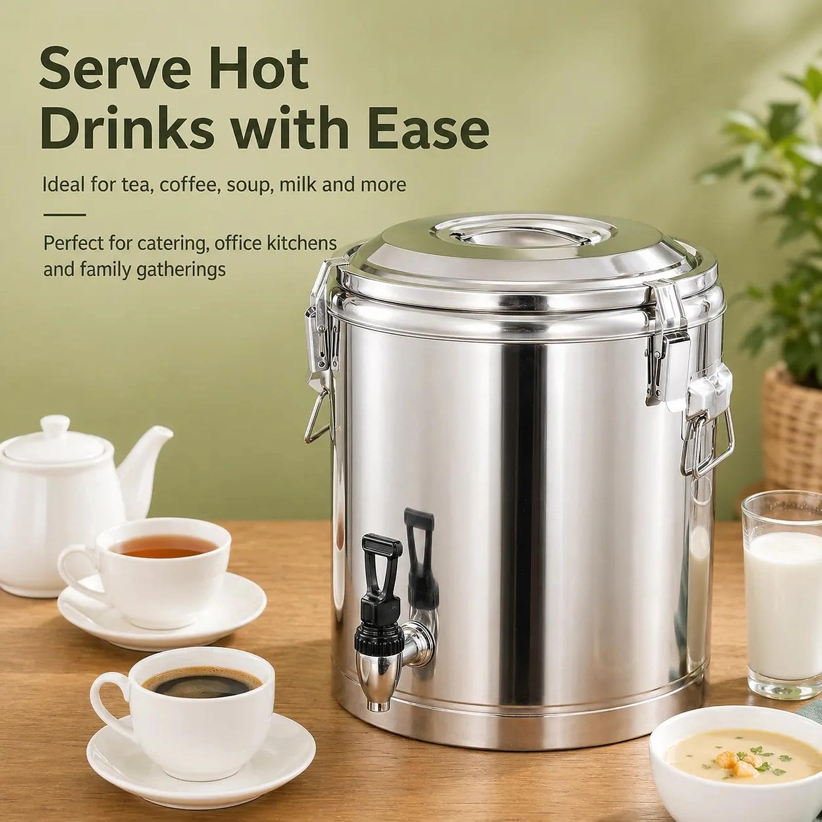 Dispensador de bebidas de acero inoxidable con grifo, recipiente aislado para alimentos, almacenamiento versátil para aceite de cocina, leche, ideal para catering y cocina, 9 paquetes