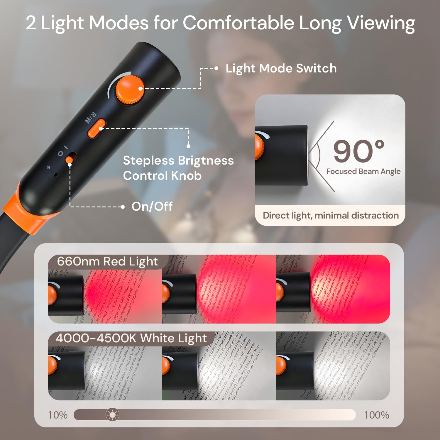 Luz de lectura para el cuello, luz de libro recargable para leer por la noche, luz roja de 660 nm y modos blancos, flexible flexible de 360 °, ligera para leer, viajar, cuidado de los ojos