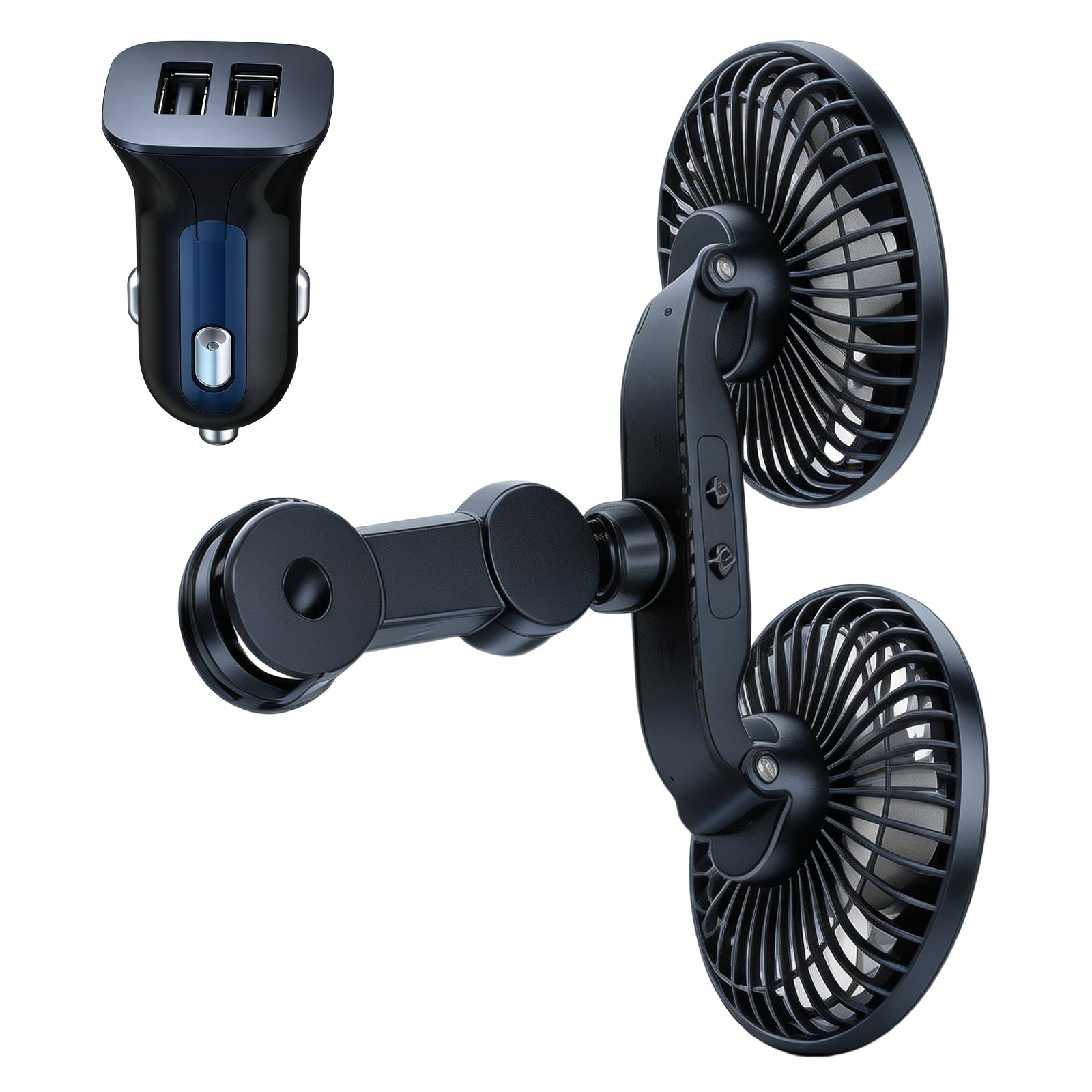 Ventilatore per auto per sedile posteriore, ventilatore USB per auto da 12V con caricabatterie per auto e cavo, ventilatore per auto a raffreddamento ad aria girevole a 360° a 3 velocità, ventilatore