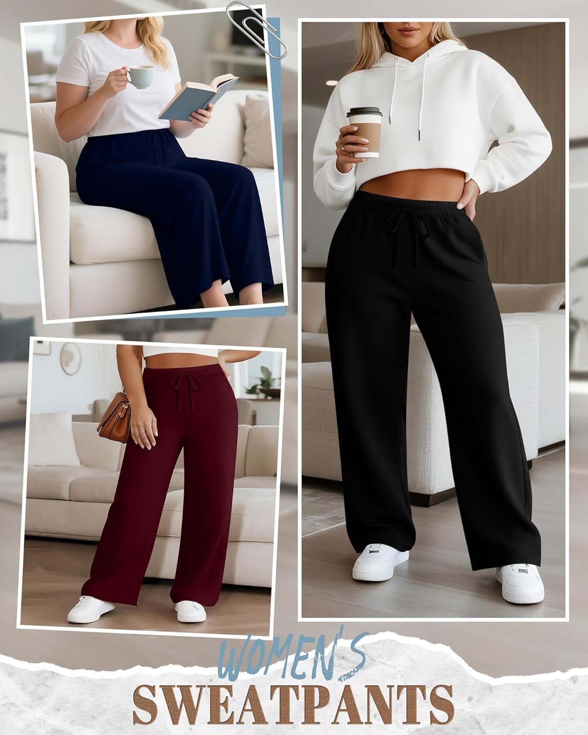 Neer 3 Pack Women's Plus Size Wide Leg Pants, Elastic Waist Lounge Pants with Pockets Drawstring Casual Pj Yoga Sweatpants - Image 5
