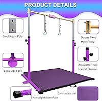 Vista 3 de Adjustable Gymnastics Bar for Kids with Mat - Sturdy Kip Bar with Rings, Horizontal Bar for Home Training, 3'-5' Height, Ages 3-15, 250 LBS