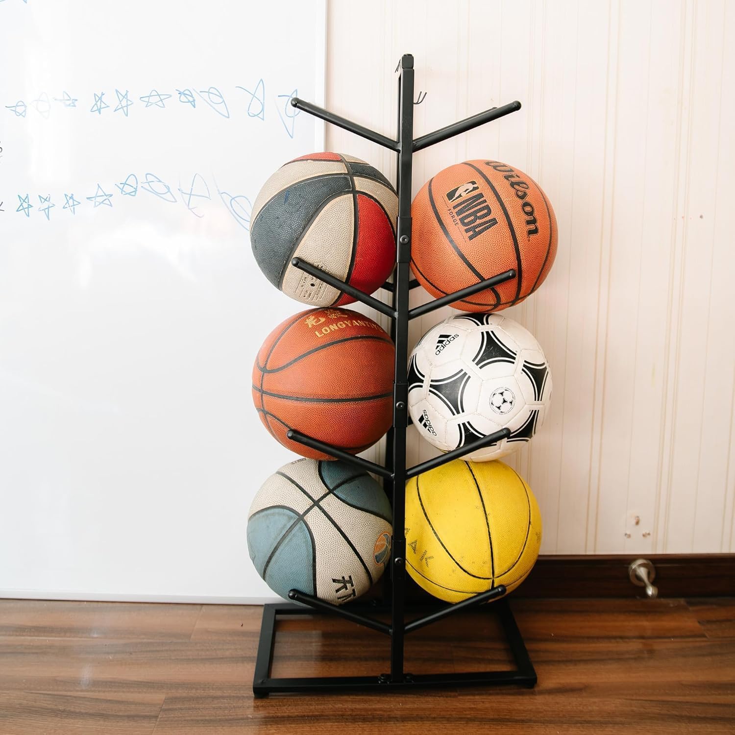 OGFC 57164 Space saving Basketball Holder for Boys Room Decor - 34.5 Tall Double Side Metal Ball Rack Display Stand for Basketball Football Volleyball Storage,Ball Holder Sports Decor-picture-18
