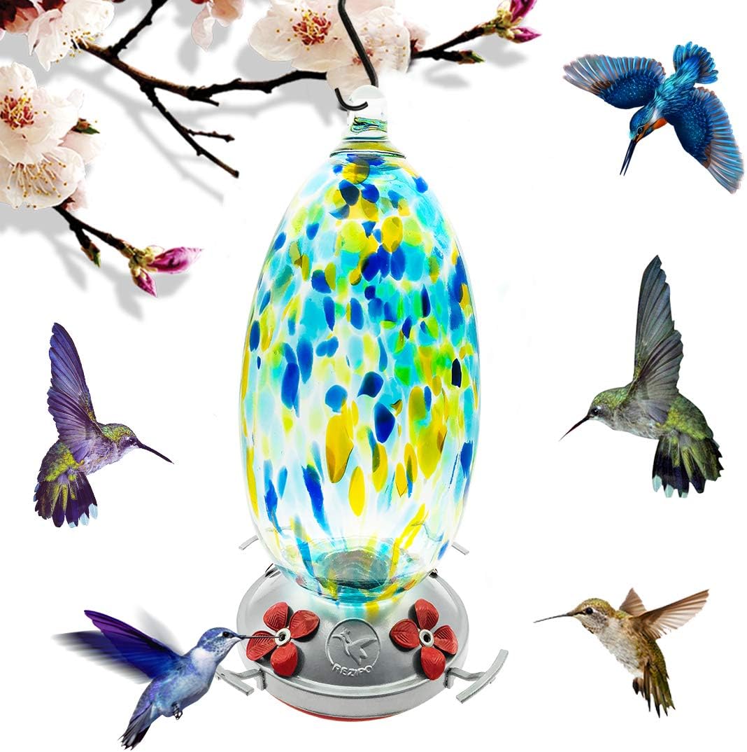 REZIPO Hummingbird Feeder with Perch - Hand Blown Glass - Blue - 37 Fluid Ounces Hummingbird Nectar Capacity Include Hanging Wires and Ant Moat (Blue)