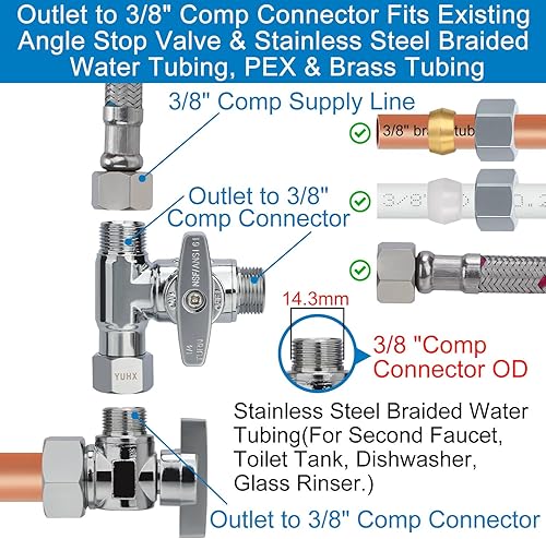 Vista 14 de YUHX Válvula Add-A-Tee de tope de ángulo de latón, salida de compresión de 3/8 pulgadas fácil de conectar desviador de 3 vías 3/8"x3/8"x1/4" o 3/8