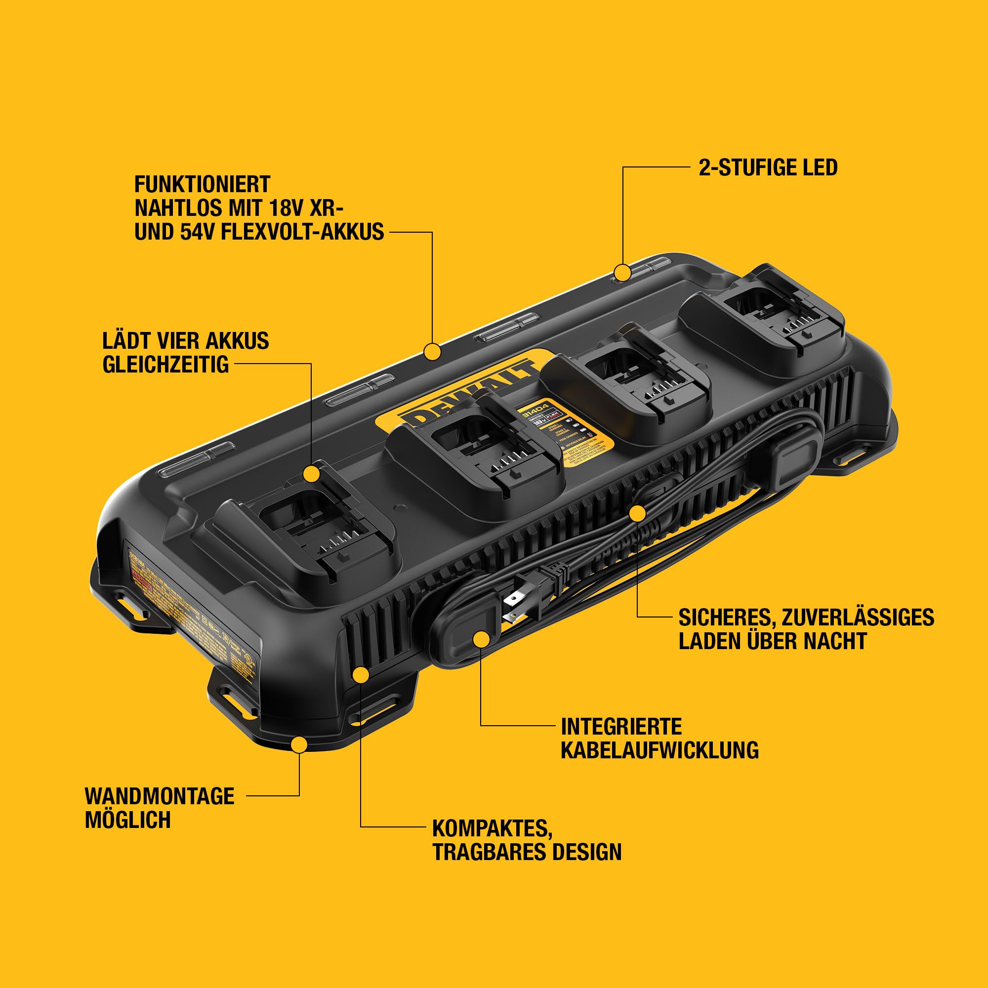 DEWALT XR Quadport-Ladegerät 4A, DCB1404-QW | Quadport-Ladegerät 4A für 4 Akkus 18V XR und 54V FlexVolt mit Lade-LED, Wärmeschutz, Kabelaufwicklung und Wandmontage.