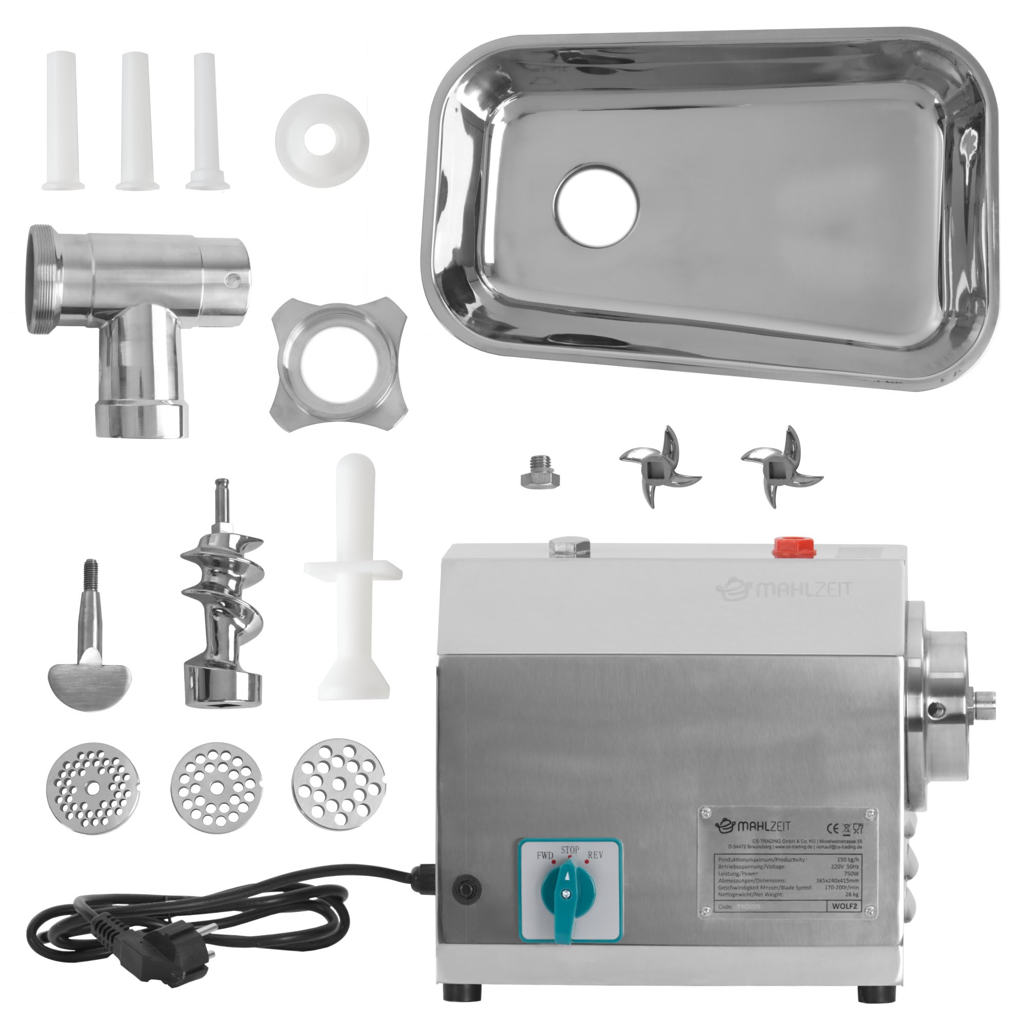 Mahlzeit Picadora Eléctrica de Carne Profesional de Acero Inoxidable | 750 W - 150 kg/h | Máquina para Embutir para Gastronomía | Embutidora | Máquina para Rellenar Salchichas, Picadora