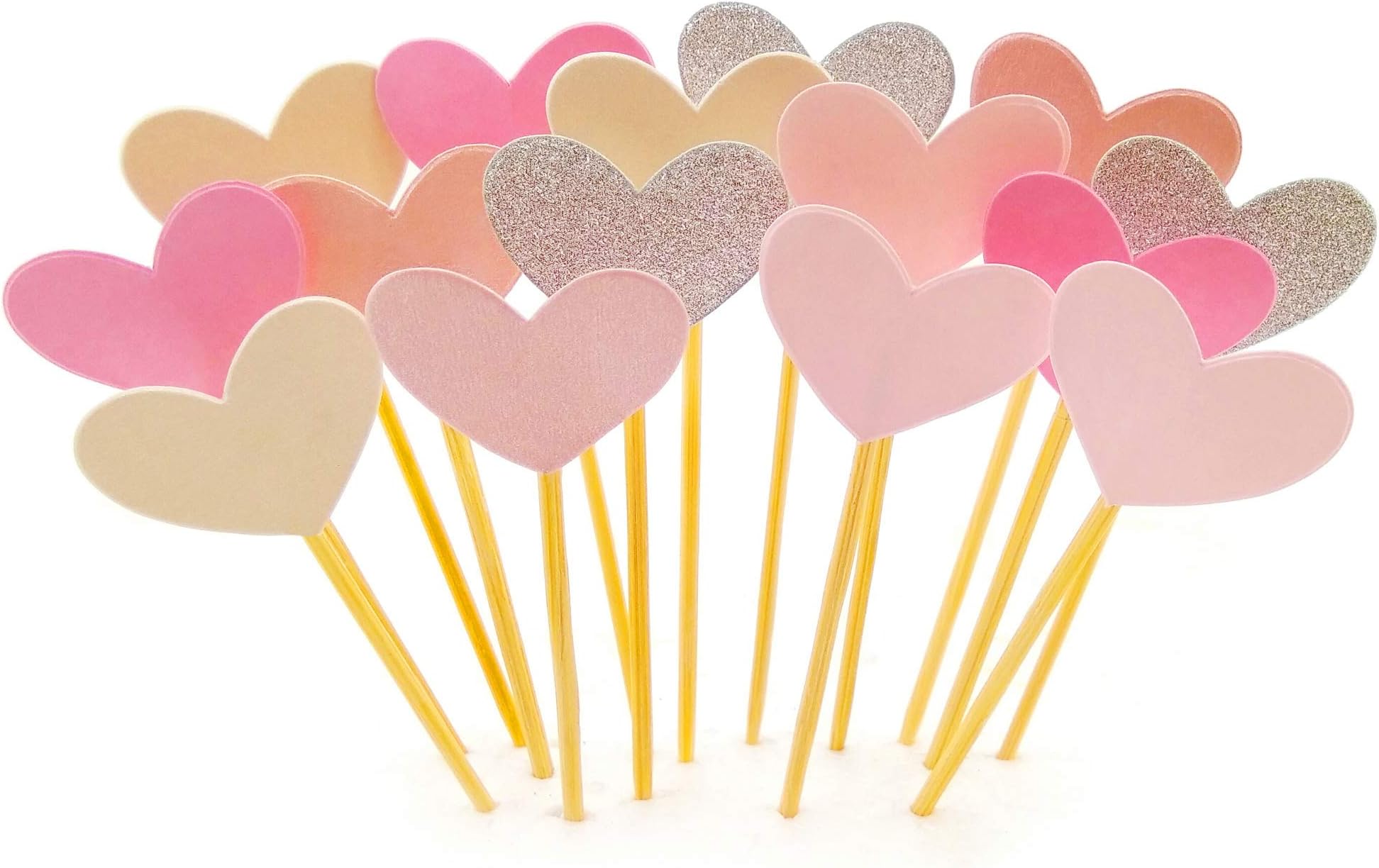 Cupcake Toppers 30Pcs Set, GUCUJI Funny Pink Heart DIY Glitter Mini Birthday Cake Snack Decorations Picks Suppliers Party Accessories for Wedding and Baby Shower