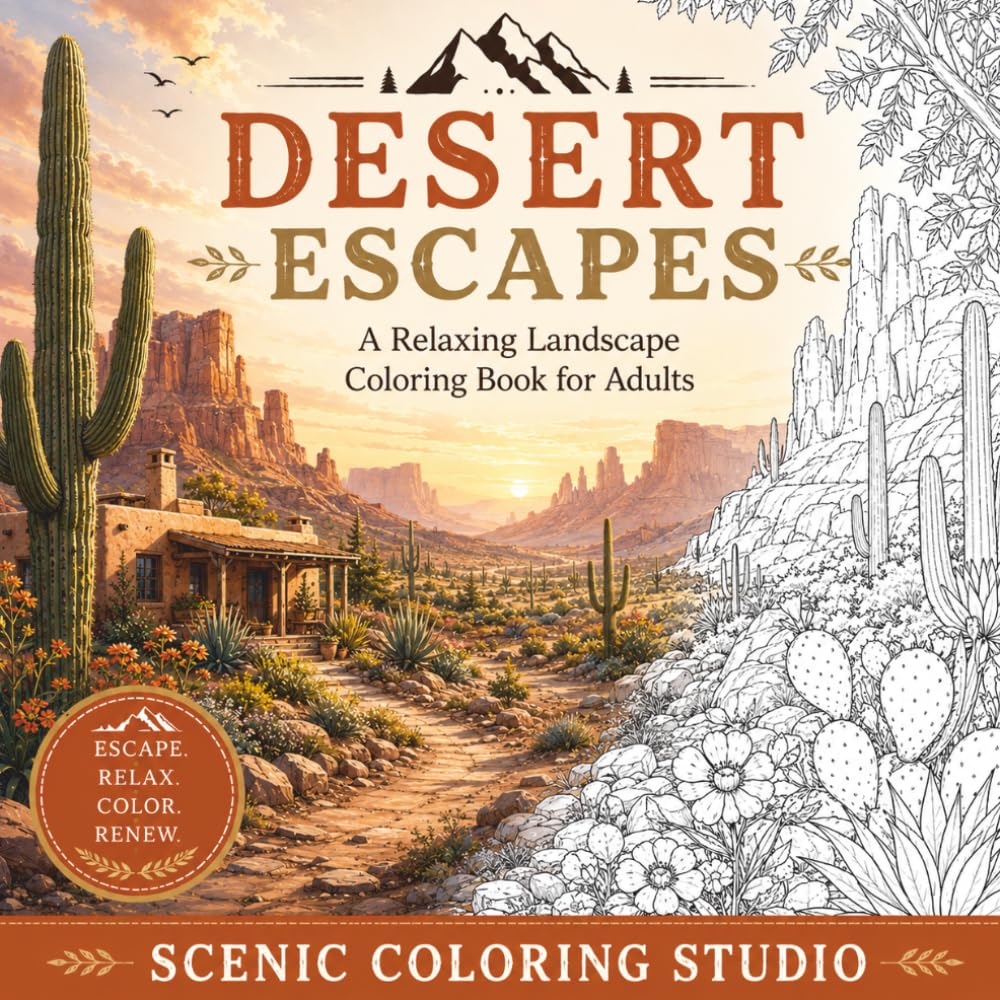 DESERTO ESCAPES: A Relaxing Landscape Coloring Book for Adults Featuring Majestic Desert Landscapes, Scenic Canyons, Cacti and Nature Retreats
