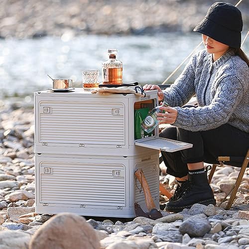 Miniatura 4 de Contenedores de almacenamiento plegables con tapas de madera, caja de almacenamiento plegable de plástico con tabla de cortar, contenedor portátil