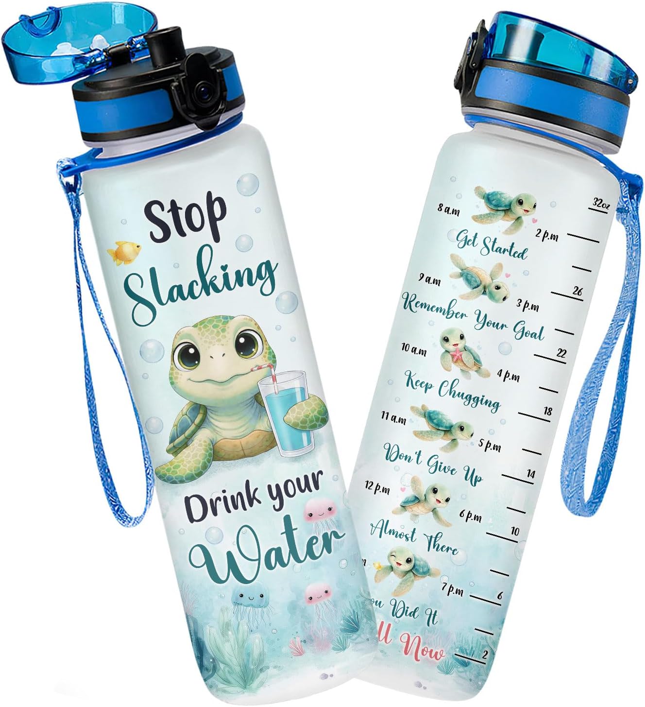 Cute Turtle Hydration Water Bottle 32oz – Time Marker Motivational Design, With Lid And Filter, Durable Hard Plastic Bottle For Daily Hydration, Gifts For Adults And Turtle Lovers