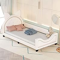 Vista 6 de Sofá cama con cabecero, cámaras en forma de conejo, base de cama de madera con plataforma individual para niñas y niños, bonito sofá cama tapizado