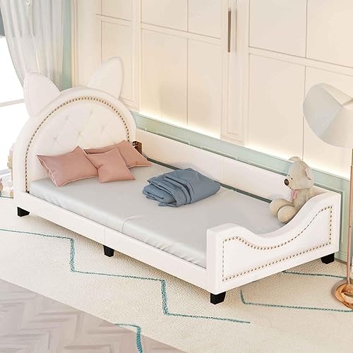 Sofá cama con cabecero, cámaras en forma de conejo, marco de cama de madera con plataforma individual para niñas y niños, bonito sofá cama tapizado,