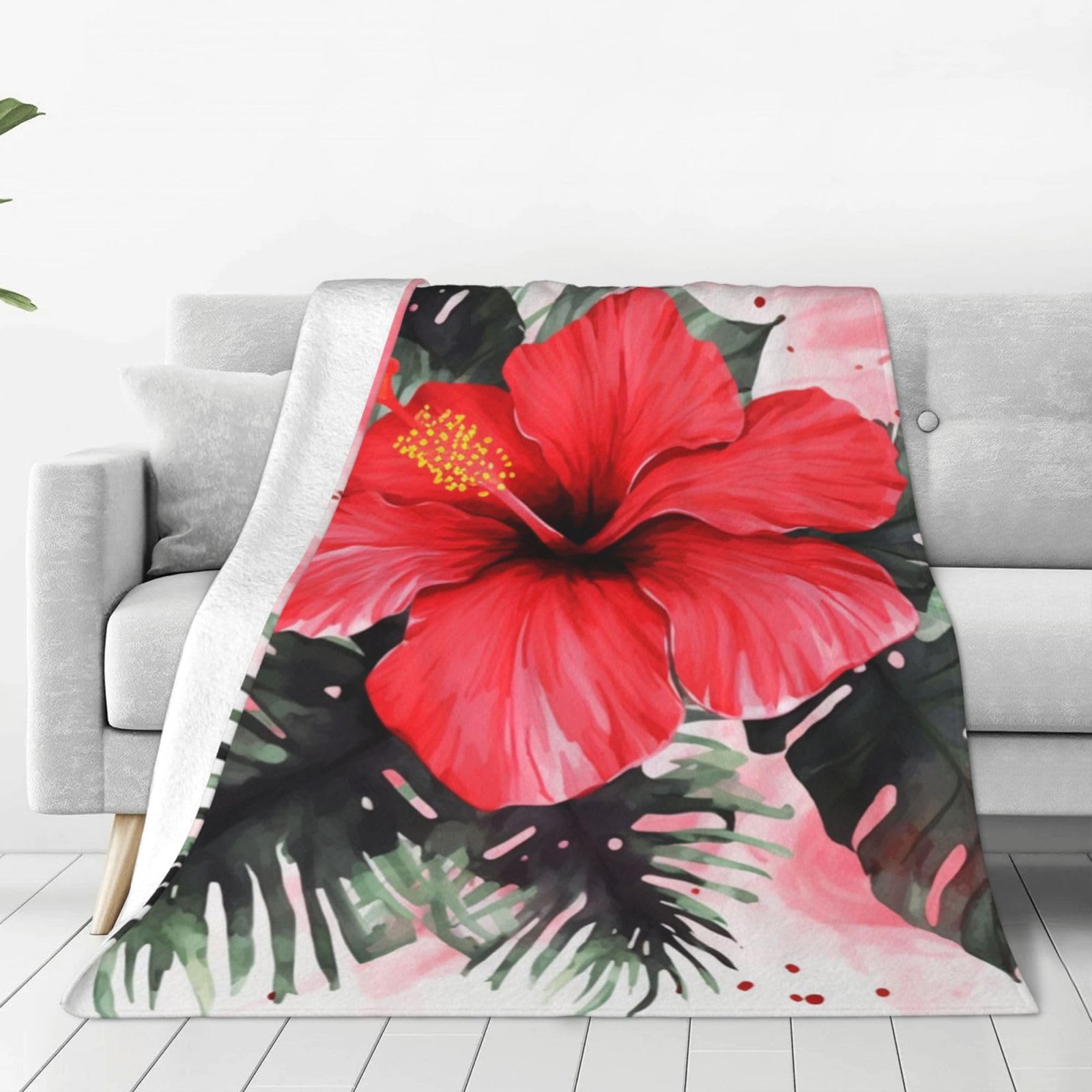 KLOPH Red Hibiscus Throw Blanket 40"x30" Flannel Fluffy Warm Blanket for Couch, Reversible Plush Blankets for Bed, Comfy Fuzzy Blanket for Sofa, Plush Lightweight-Blankets for All Season