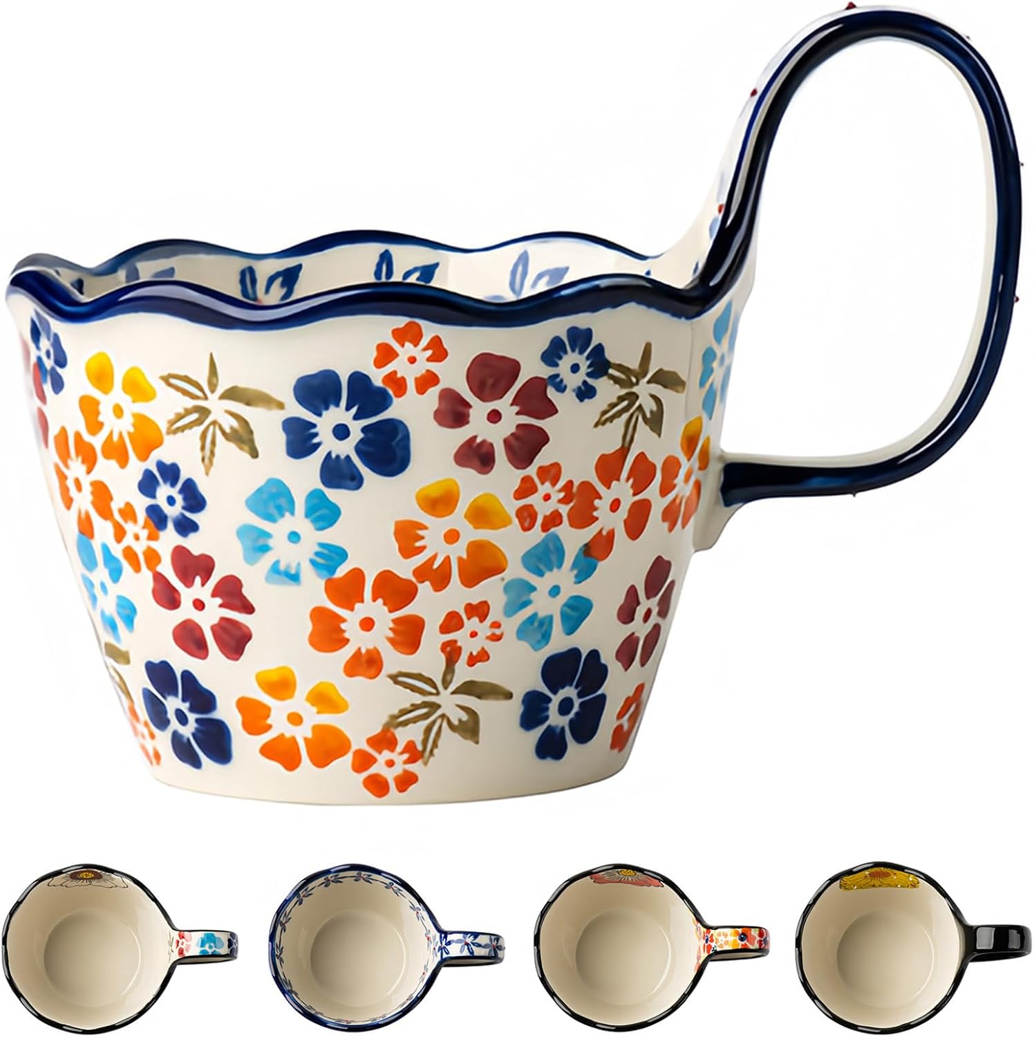 Ceramic Soup Bowl, Microwave Bowl, Small Soup Mug 400ml Bouillon Cups (Flower-C,400ml)