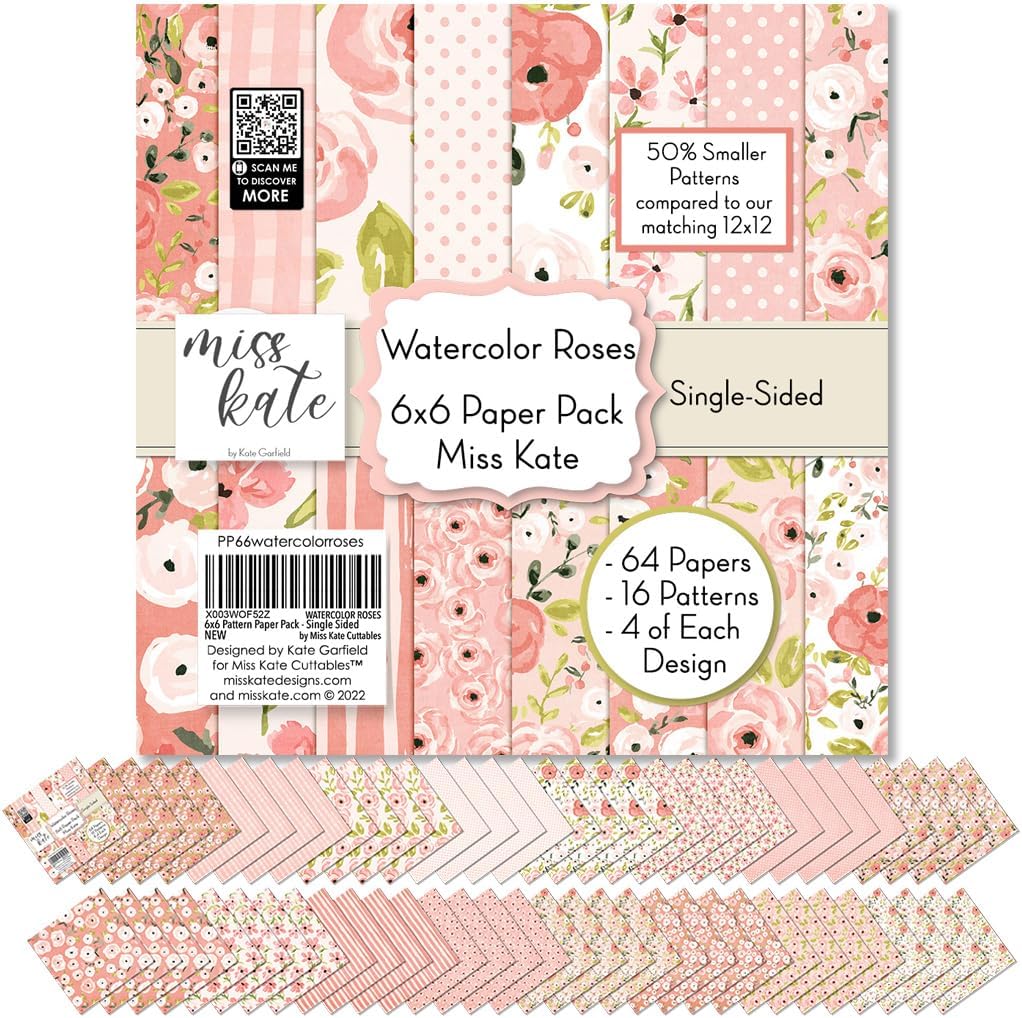 6x6 Pattern Paper Pack - Watercolor Roses - with Florals -Scrapbook Single-Sided-64 Sheets- 50% Smaller Patterns - by Miss Kate Cuttables