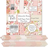 Vista 1 de Paquete de papel con patrón de 6 x 6 pulgadas, rosas de acuarela, con flores, libro de crapbook de una sola cara, 64 hojas, patrones 50% más