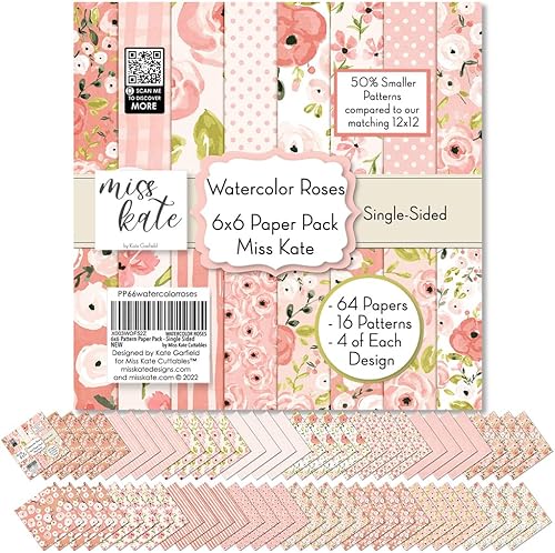 Paquete de papel con patrón de 6 x 6 pulgadas, rosas de acuarela, con flores, libro de crapbook de una sola cara, 64 hojas, patrones 50% más