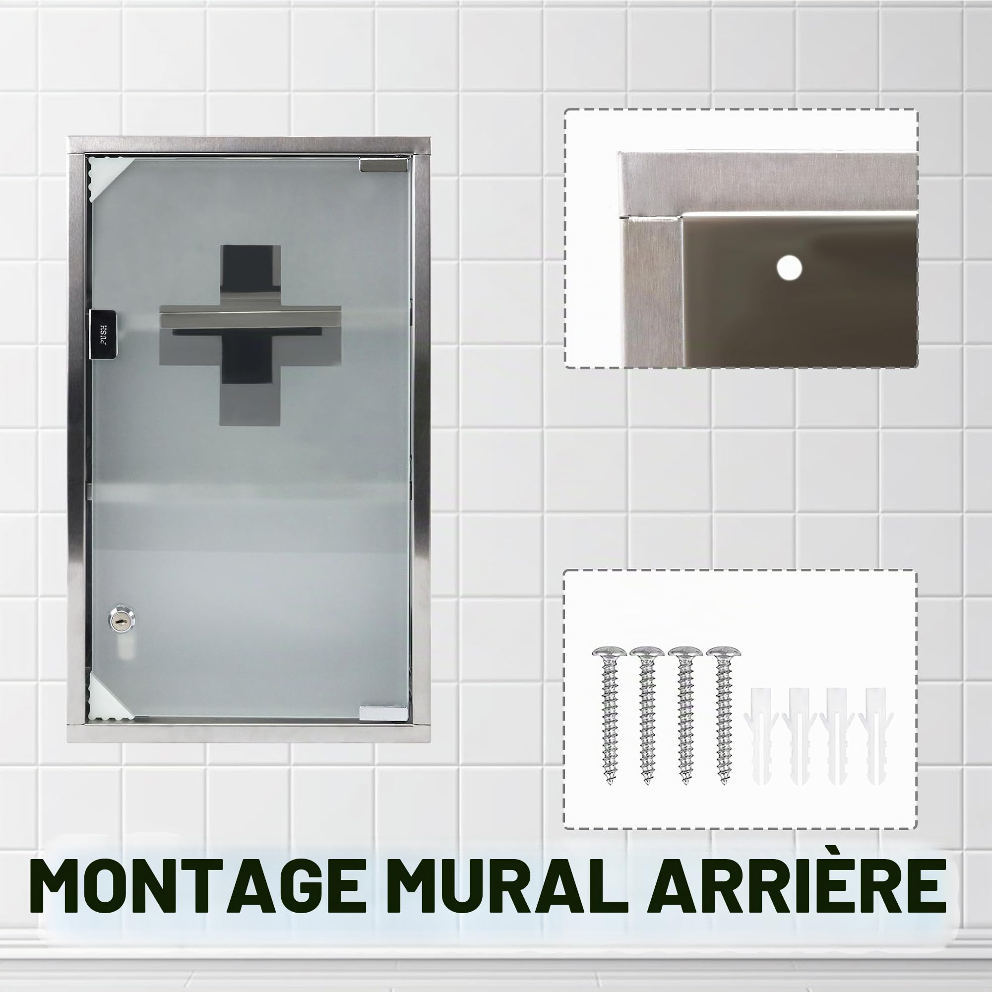 Armoire à pharmacie en acier inoxydable avec 3 compartiments, 30 x 12 x 50 cm