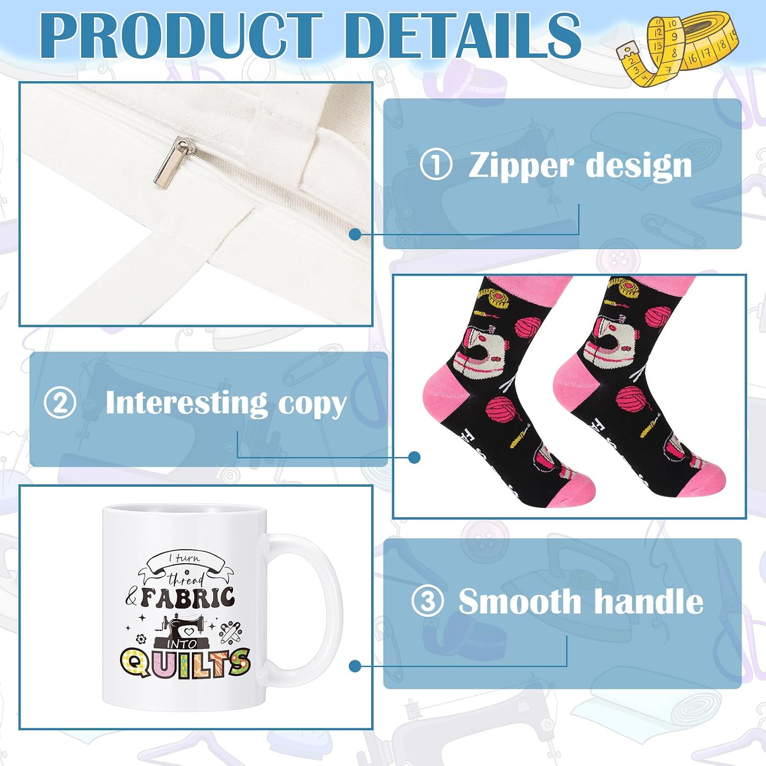 Baderke 6 Pcs Sewing Gifts for Seamstress Include Canvas Bag Cosmetic Bag 11 oz Coffee Mug Bookmark Socks and Pin Cushion for Quilters Sewing Lovers Christmas Gift